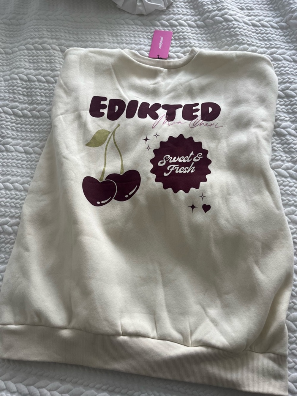 Edikted Cream Crewneck Sweatshirt with Pink Brand Tag